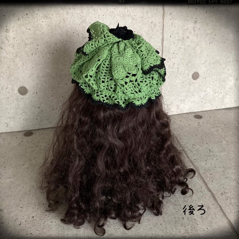 NONA★【被るレース編み】  手編み帽子   グリーン　ニット帽 NONA☆【被るレース編み】 手編み帽子 グリーンニット帽