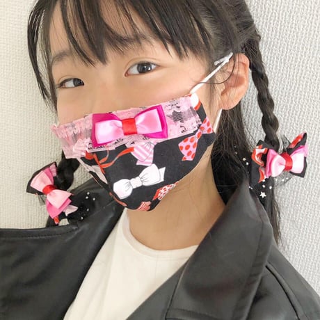 【販売商品】ふわふわパイルのプリンセスマスク　ブラックリボン2　子供用Sサイズ