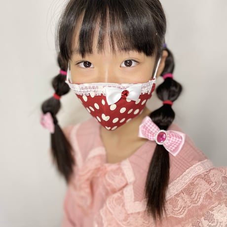 【販売商品】ふわふわパイルのプリンセスマスク　いちご色の水玉中　子供用Ⅿサイズ
