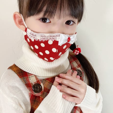 【販売商品】ふわふわパイルのプリンセスマスク　いちご色の水玉中　子供用Ⅿサイズ