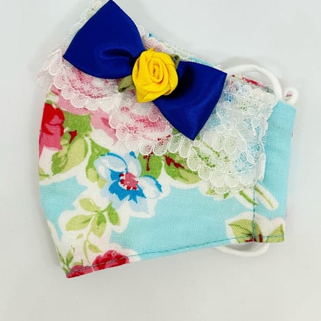【販売商品】ふわふわパイルのプリンセスマスク　青い小花ブルーリボン黄色バラ　幼児用Sサイズ