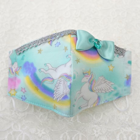 【販売商品】さらさらさわやかのプリンセスマスク　ミントユニコーン細レース　子供用Ｍサイズ