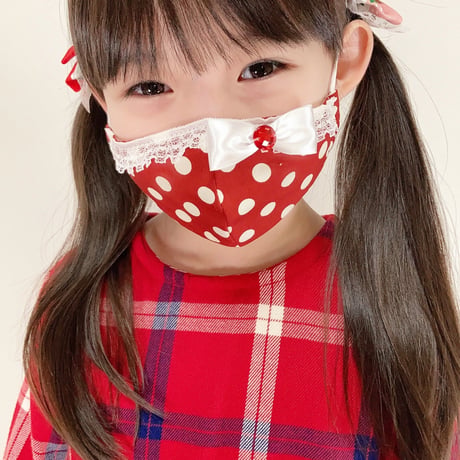 【販売商品】ふわふわパイルのプリンセスマスク　いちご色の水玉中　子供用Ⅿサイズ