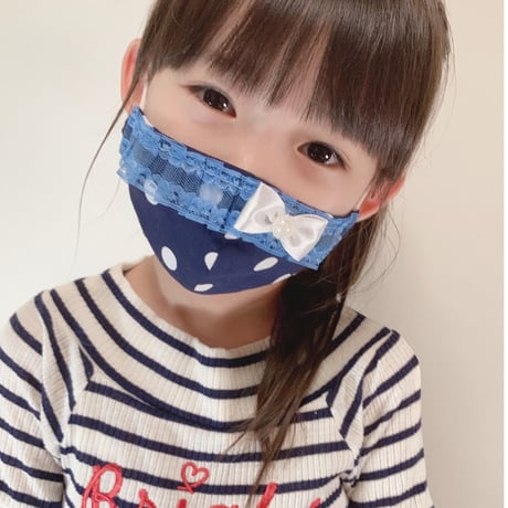 【販売商品】ふわふわパイルのプリンセスマスク　夢色ストライプブルー裏黄色　子供用Ⅿサイズ