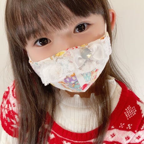【販売商品】ふわふわパイルのプリンセスマスク　夢色ストライプブルー裏黄色　子供用Ⅿサイズ