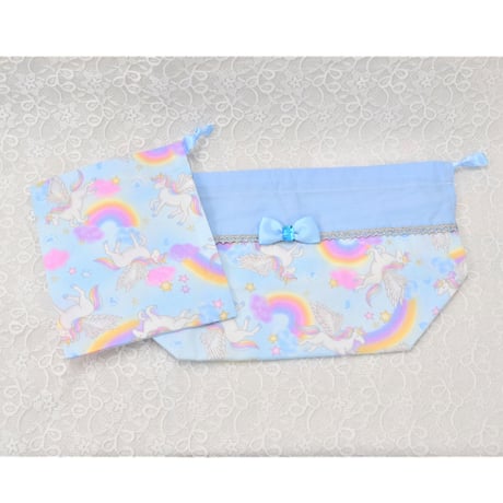 お弁当袋とコップ袋　空色ユニコーン