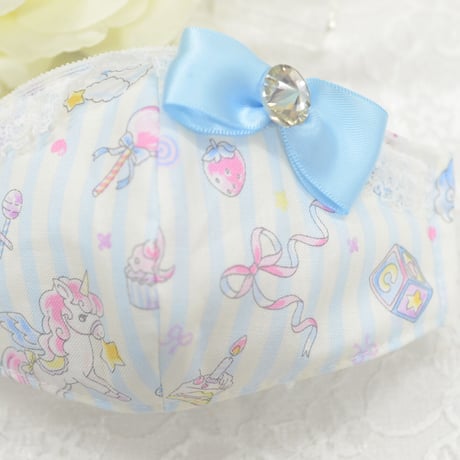 【販売商品】ふわふわパイルのプリンセスマスク　夢色ストライプブルー裏黄色　子供用Ⅿサイズ