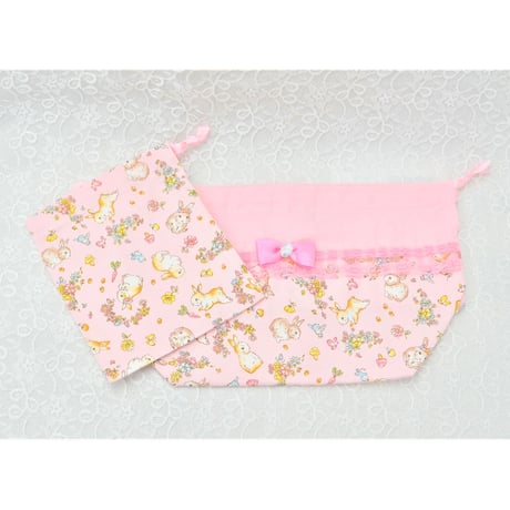 お弁当袋とコップ袋　お花とうさぎ