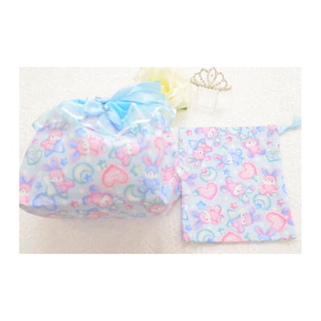 お弁当袋＆コップ袋セット　ねむねむうさぎ　ブルー