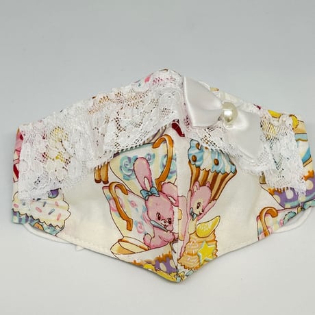 【販売商品】ふわふわパイルのプリンセスマスク　ホワイトティーパーティーハートビジュー　子供用Ｍサイズ