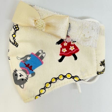 【販売商品】ふわふわパイルのプリンセスマスク　ねこと宝石　ホワイト　子供用Sサイズ