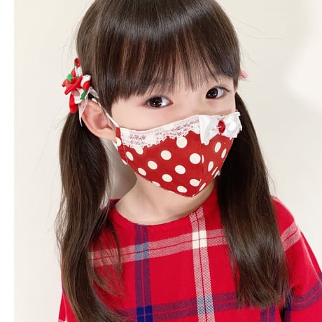 【販売商品】ふわふわパイルのプリンセスマスク　いちご色の水玉大　幼児用Sサイズ