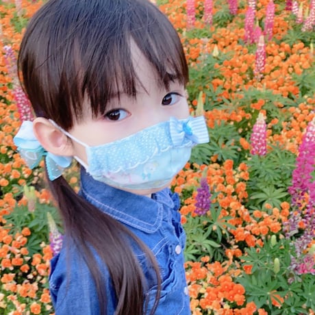 【販売商品】ふわふわパイルのプリンセスマスク　夢色ストライプブルー裏黄色　子供用Ⅿサイズ