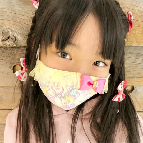 【販売商品】ふわふわパイルのプリンセスマスク　夢色ストライプブルー裏黄色　子供用Ⅿサイズ