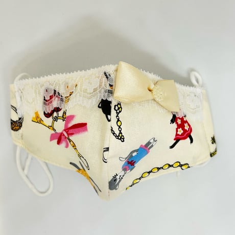 【販売商品】ふわふわパイルのプリンセスマスク　ねこと宝石　ホワイト　子供用Sサイズ