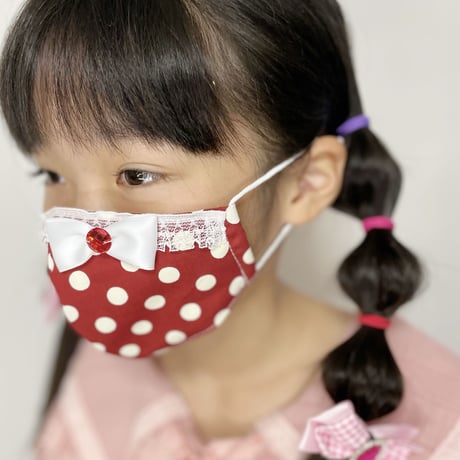 【販売商品】ふわふわパイルのプリンセスマスク　いちご色の水玉中　子供用Sサイズ