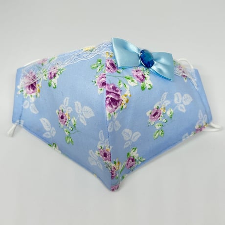 【販売商品】ふわふわパイルのプリンセスマスク　水色の小花　大人用Ⅼサイズ