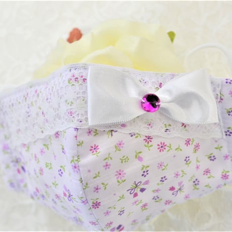 【販売商品】ふわふわパイルのプリンセスマスク　うす紫のブーケ　子供用Ｍサイズ