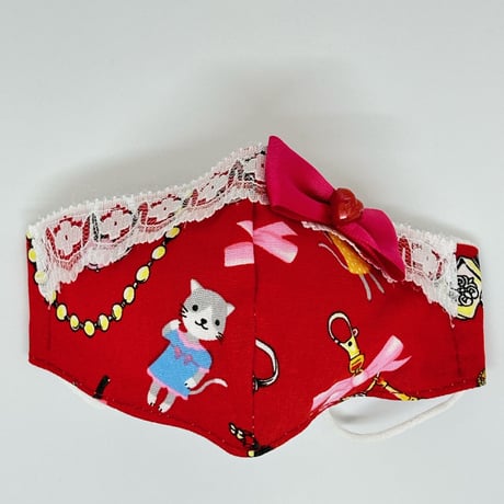 【販売商品】ふわふわパイルのプリンセスマスク　ねこと宝石　レッド　濃いピンクリボン　子供用Sサイズ