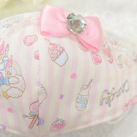 【販売商品】ふわふわパイルのプリンセスマスク　夢色ストライプピンク　子供用Ⅿサイズ