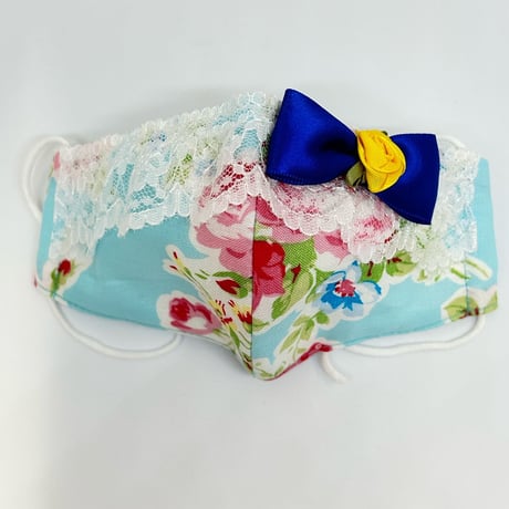 【販売商品】ふわふわパイルのプリンセスマスク　青い小花ブルーリボン黄色バラ　幼児用Sサイズ