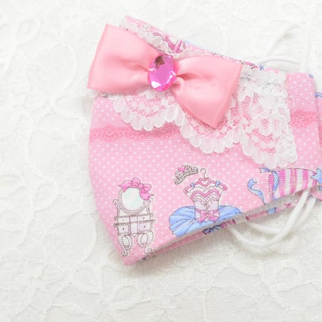 【販売商品】ふわふわパイルのプリンセスマスク　バレリーナピンクオーバルビジュー　子供用Ｍサイズ