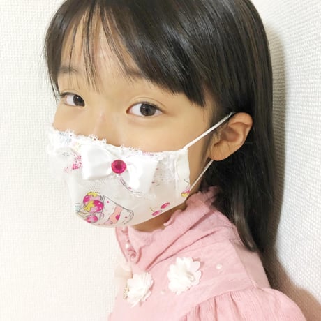 【販売商品】ふわふわパイルのプリンセスマスク　夢色ストライプブルー裏黄色　子供用Ⅿサイズ