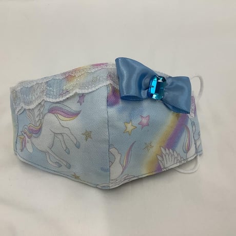 【販売商品】さらさらさわやかプリンセスマスク　空色ユニコーン四角ビジュー　大人用Ｌサイズ