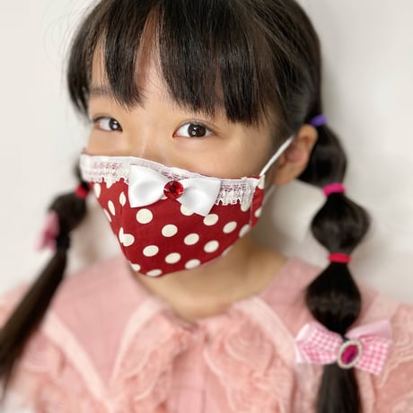 【販売商品】ふわふわパイルのプリンセスマスク　いちご色の水玉大　幼児用Sサイズ
