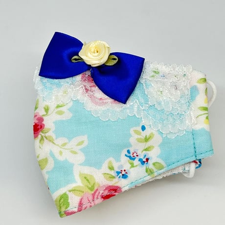 【販売商品】ふわふわパイルのプリンセスマスク　青い小花ブルーリボン白いバラ　子供用Sサイズ