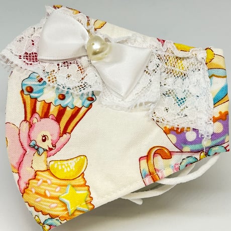 【販売商品】ふわふわパイルのプリンセスマスク　ホワイトティーパーティーハートビジュー　子供用Ｍサイズ