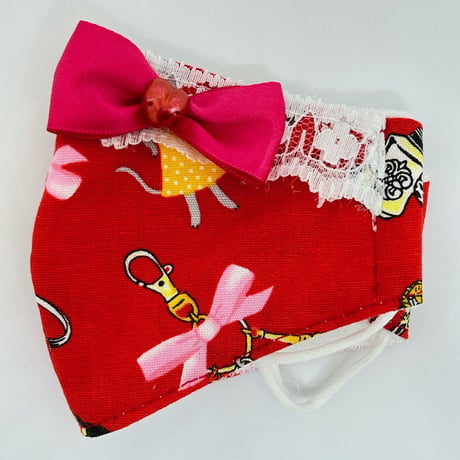 【販売商品】ふわふわパイルのプリンセスマスク　ねこと宝石　レッド　濃いピンクリボン　子供用Sサイズ