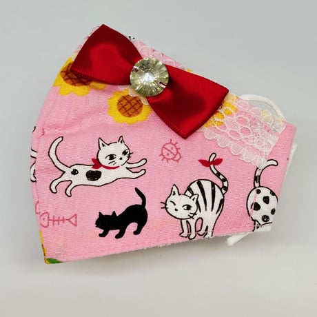 【販売商品】ふわふわパイルのプリンセスマスク　ねことひまわりピンク　子供用Sサイズ