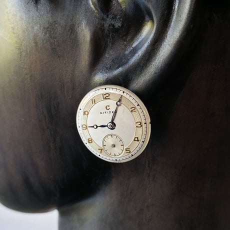 antique round dial pierced earrings "CITIZEN"【K0579】