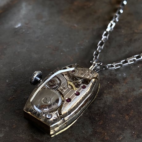 antique square dial&movement reversible necklace【K0533】