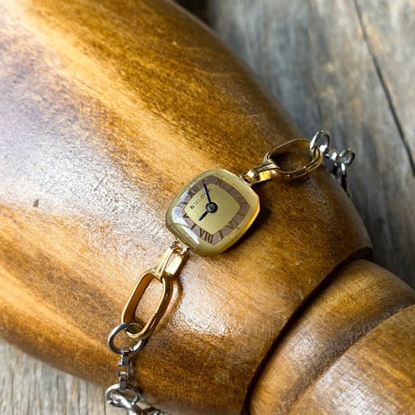 antique square dial bracelet stainless×K18GP "BULOVA"【K0913】