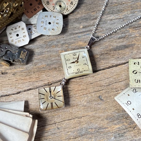 【new!!】 antique square double dial necklace "Lavallière type" SV925 (ボックス付)【K0987】