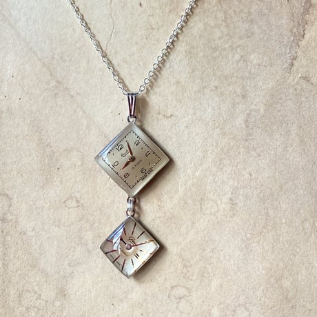 【new!!】 antique square double dial necklace "Lavallière type" SV925 (ボックス付)【K0987】
