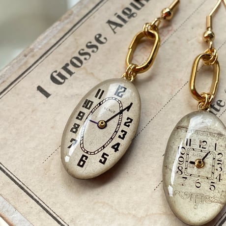 antique oval dial hook pierced earrings K18GP【K0883】