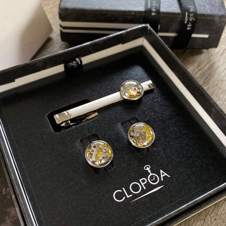 【K0689】CLOPOA standard tiepin&cufflinks yellow セット(オリジナルボックス&バッグ付)