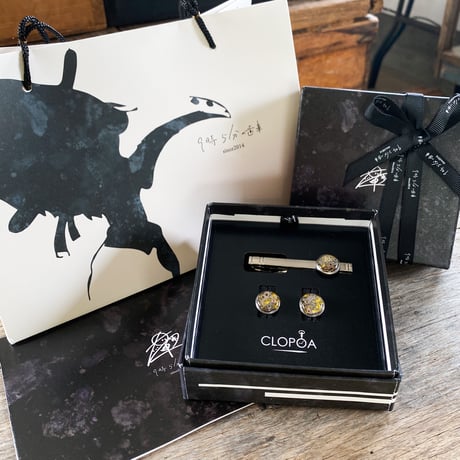 【K0689】CLOPOA standard tiepin&cufflinks yellow セット(オリジナルボックス&バッグ付)
