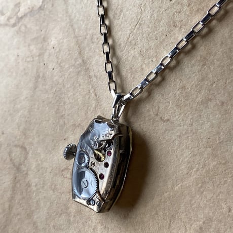 antique square dial&movement reversible necklace【K0533】