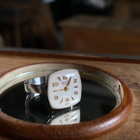 antique square dial ring "SWISS MADE" #13【K0767】
