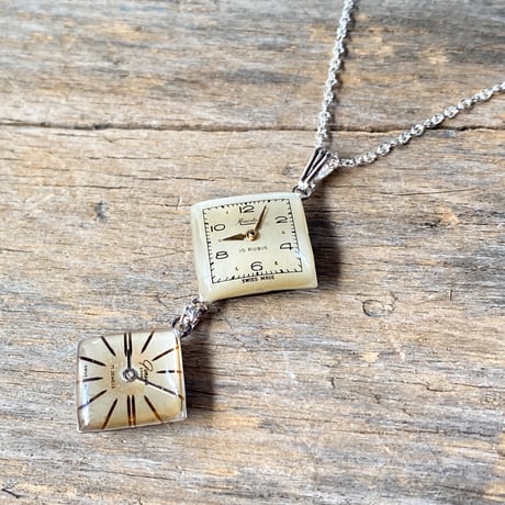 【new!!】 antique square double dial necklace "Lavallière type" SV925 (ボックス付)【K0987】