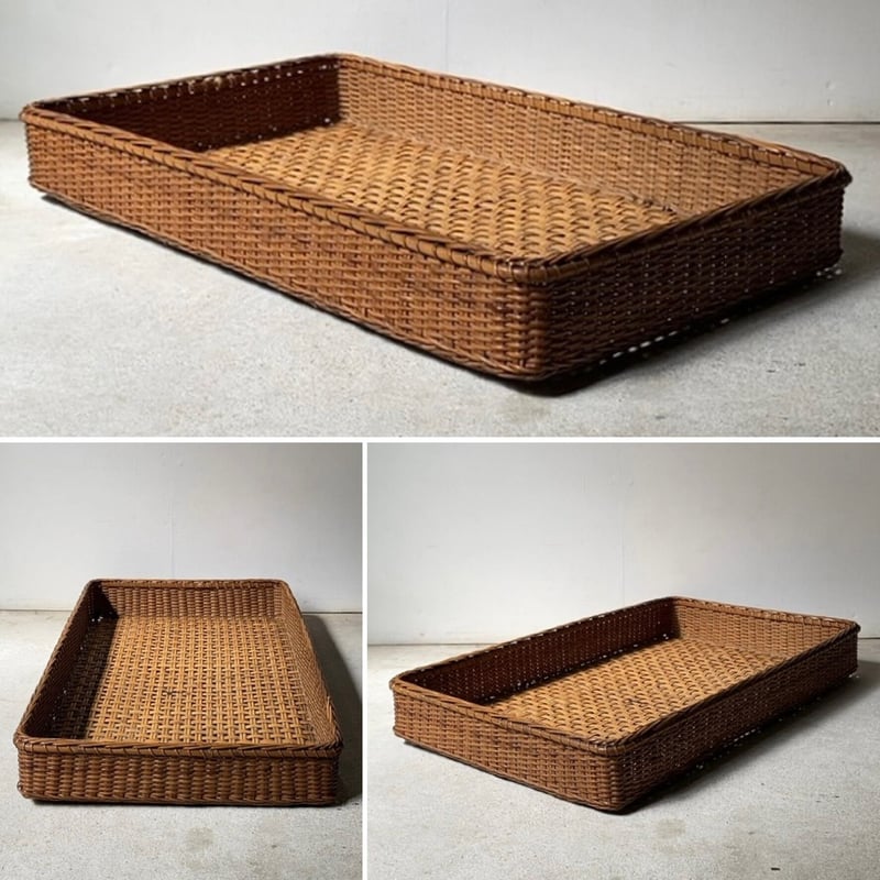 大正期 古い平籠( 3点セット) 竹編み 餅箱型長方形籠 編みかご 縁飾り