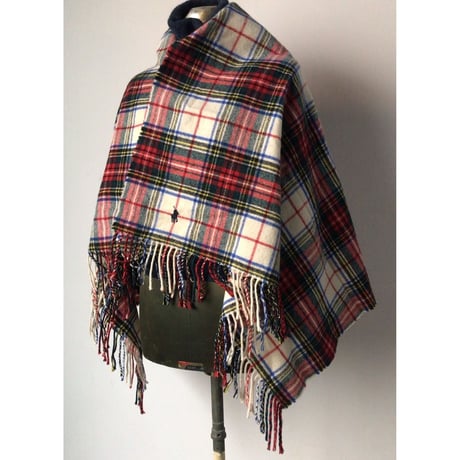 RALPH LAUREN  ラルフローレン   ウール100%  大判ストール  ひざ掛け 膝掛け  肩掛け マフラー  タータンチェック 赤/白  好配色  POLO ポロ  中古良品