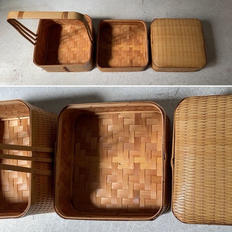 竹のお重  持ち手付三段重 竹編み 竹工芸 重箱  ドーム蓋  工芸品 民芸品 弁当箱 茶器箱 美品