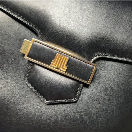 80s VINTAGE LANVIN レザー 2wayショルダーバッグ/ハンドバッグ  フランス製 総革 黒/ゴールド金具 金ロゴ ブラック ヴィンテージバッグ オールドランバン 保存袋付 中古良品