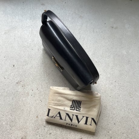 80s VINTAGE LANVIN レザー 2wayショルダーバッグ/ハンドバッグ  フランス製 総革 黒/ゴールド金具 金ロゴ ブラック ヴィンテージバッグ オールドランバン 保存袋付 中古良品