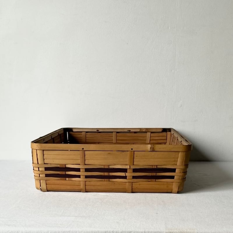 竹の平籠 バイカラーひしぎ編み 古作工芸品 竹工芸 手仕事 中型道具箱